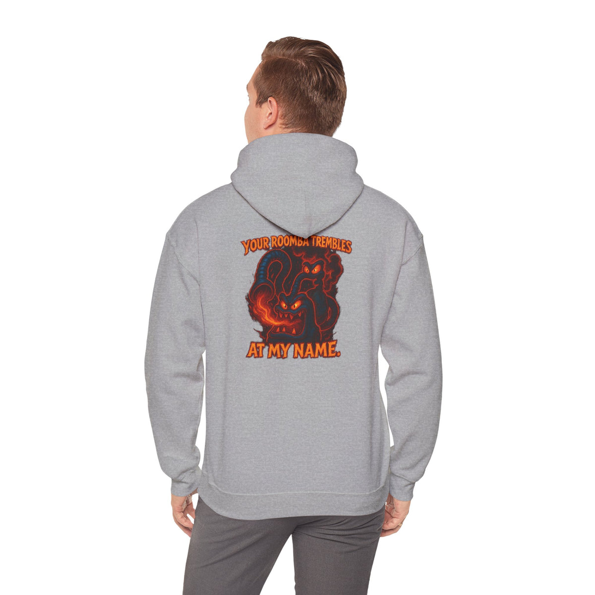 Hoodie — Fiery Demon Skull 'Your Roomba Trembls At My Name' Graphic Back Print