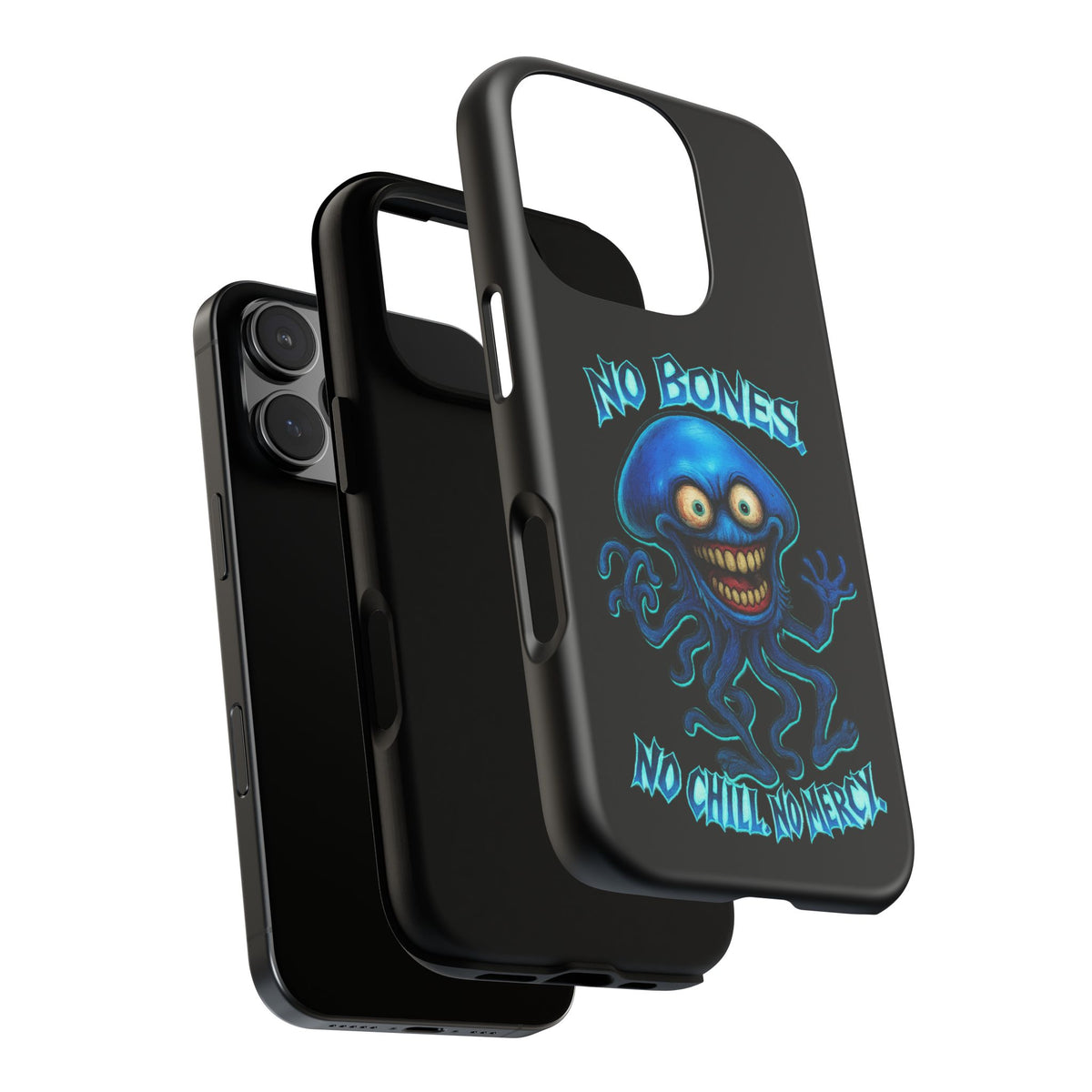 Phone Case — 'No Bones, No Chill, No Mercy' Blue Jellyfish Horror Design