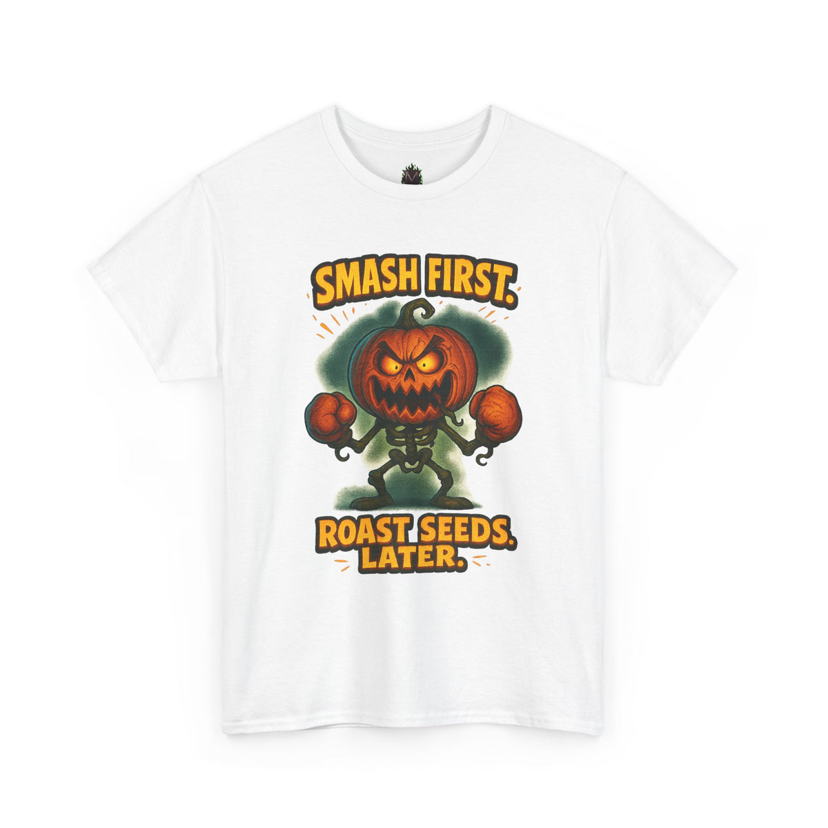 Smash First Pumpkin Boxer illustration T-Shirt | Halloween pumpkin design