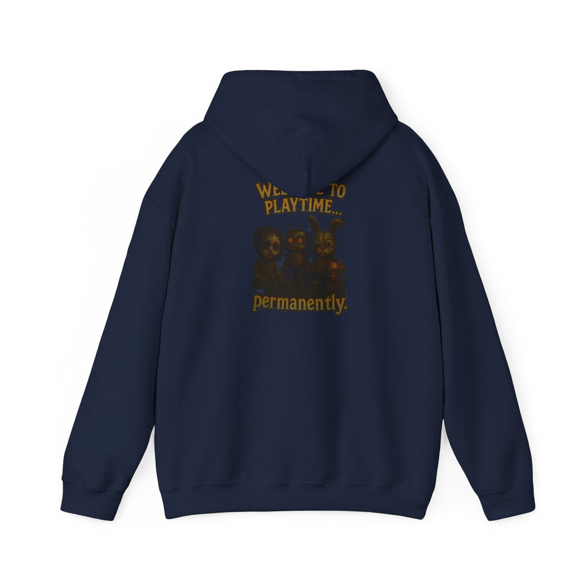 Hoodie — 'Welcome Playtime Permanently' Vintage Horror Character Back Graphic