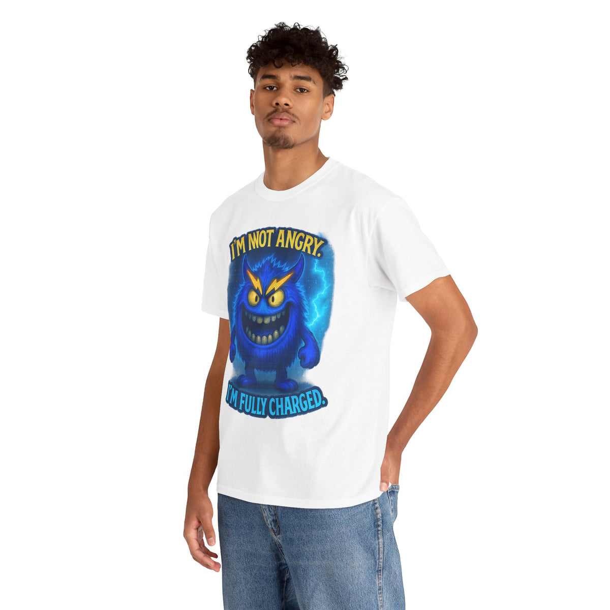 I'm Not Angry I'm Fully Charged Tee, Blue Lightning Monster Graphic