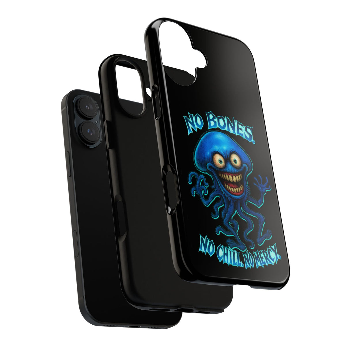 Phone Case — 'No Bones, No Chill, No Mercy' Blue Jellyfish Horror Design