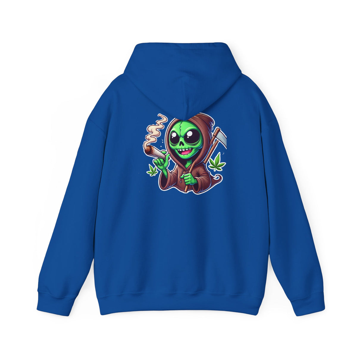 Reaper Alien Hoodie – Cute Green Grim Reaper Smoking Cartoon Graphic Hooded Sweatshirt