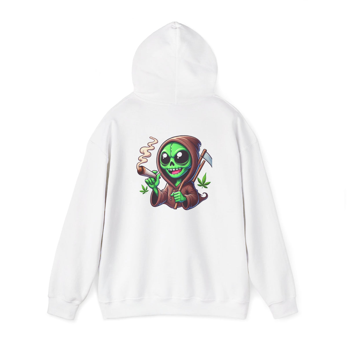 Reaper Alien Hoodie – Cute Green Grim Reaper Smoking Cartoon Graphic Hooded Sweatshirt