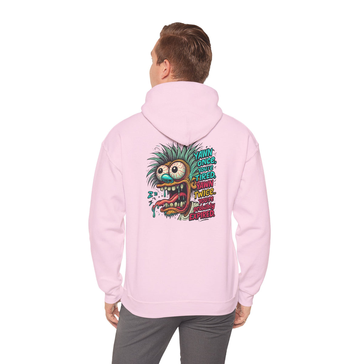 Skater Monster Graphic Hoodie — “Yawn Once, Yawn Twice, Never Appear” Retro Skate Pullover