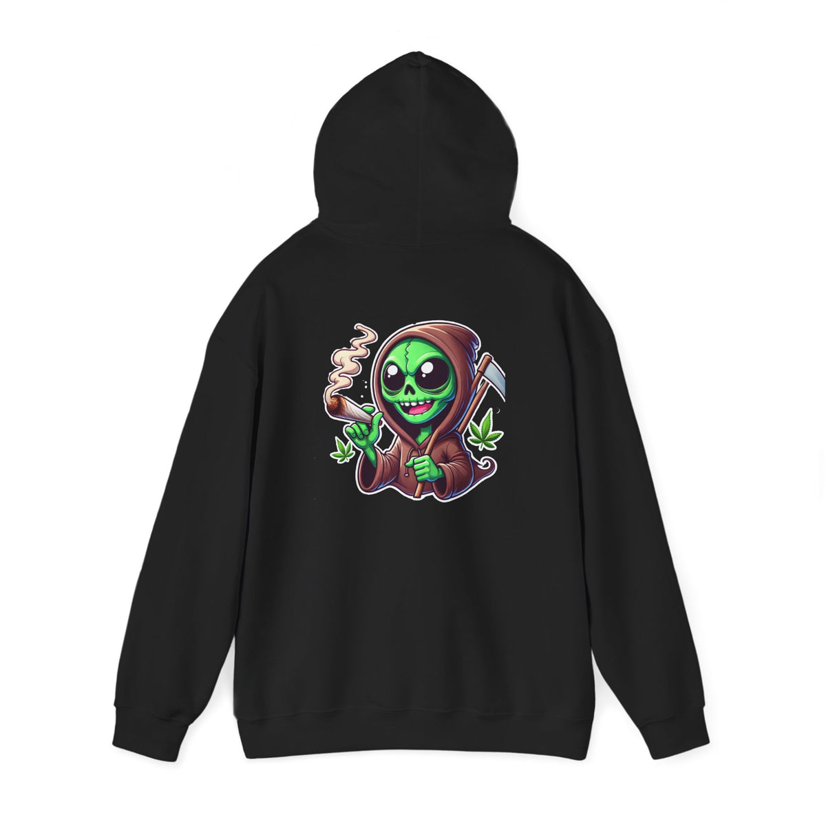 Reaper Alien Hoodie – Cute Green Grim Reaper Smoking Cartoon Graphic Hooded Sweatshirt