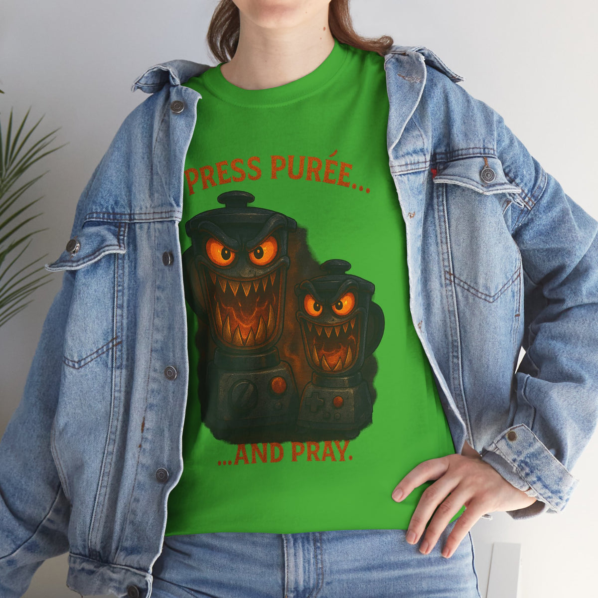 Halloween Pumpkin Tee - "Press Purée... and Pray" Spooky Jack-O'-Lantern T-Shirt