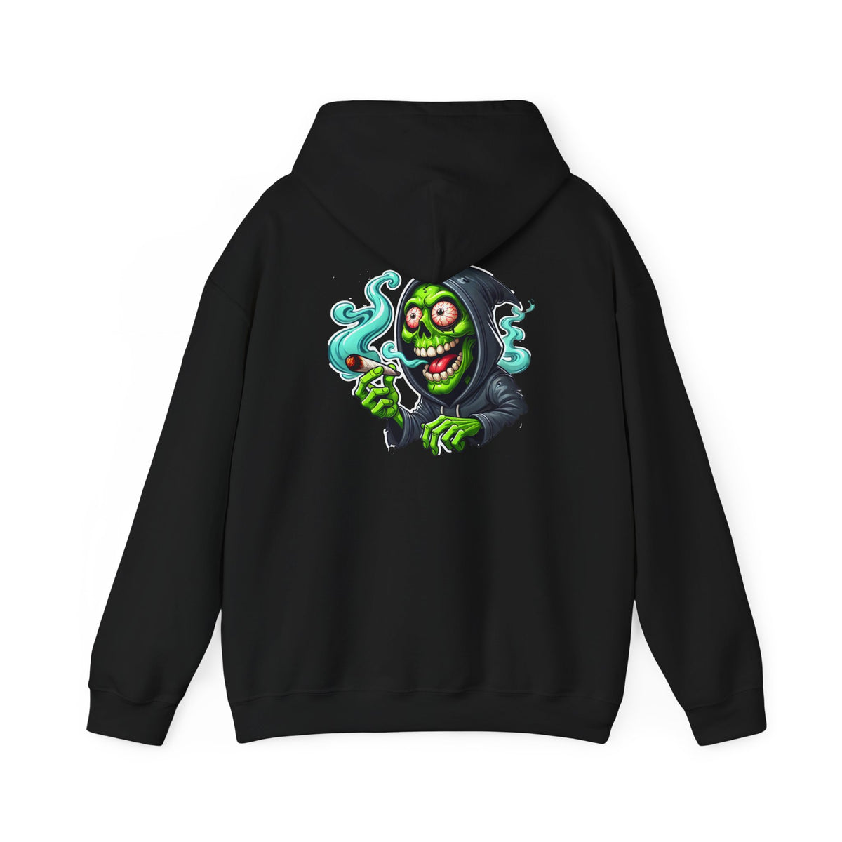 Grinning Reaper Hooded Sweatshirt – Spooky Green Skull Smoking Hoodie