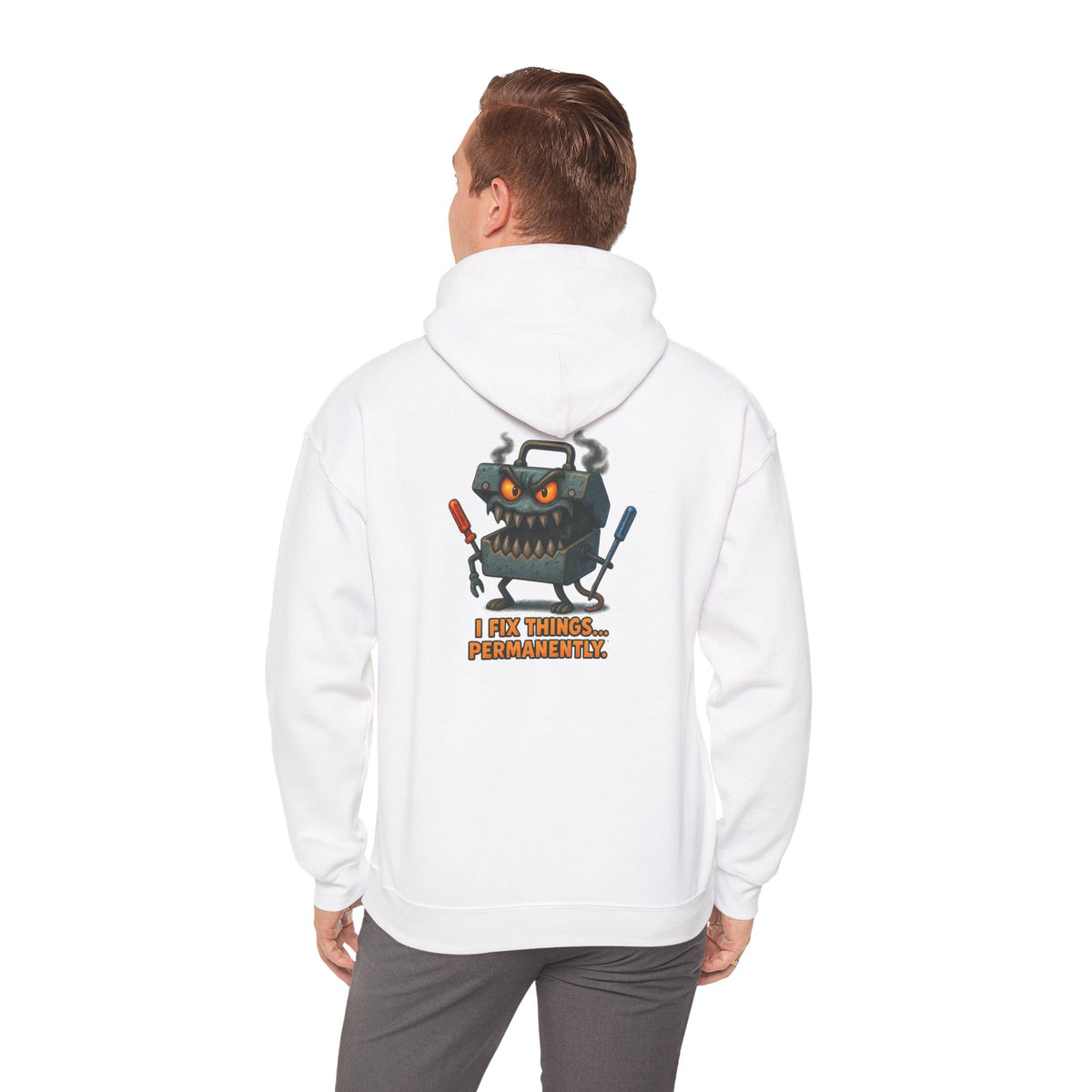Robot Mechanic Hoodie — "I Fix Things... Permanently" Graphic Hooded Sweatshirt