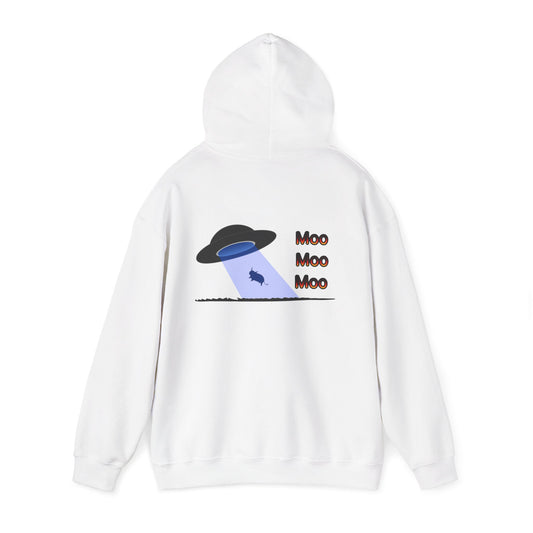 UFO Cow Abduction Hoodie - 'Moo Moo Moo' Graphic Hooded Sweatshirt