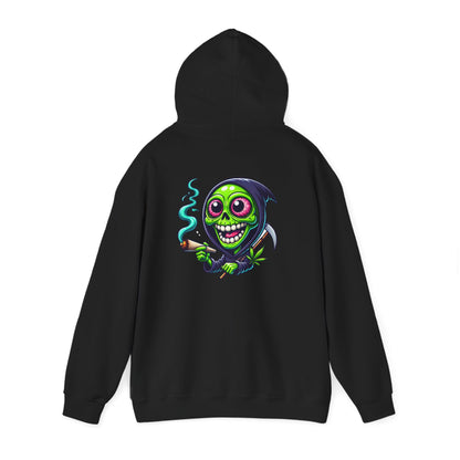 Grinning Green Grim Reaper Hoodie - Cute Creepy Smoking Skull Graphic Sweatshirt
