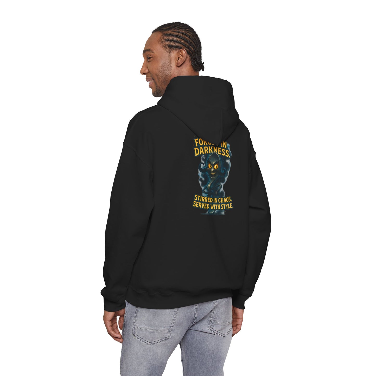 Darkness Stirred Hoodie — Vintage Cat Illustration "Poured in Darkness, Stirred in Chaos, Served with Style"