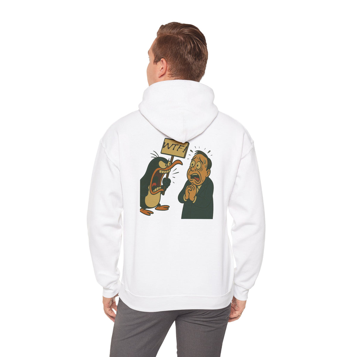 Hoodie — Cartoon Penguin Screams ‘No!’ Back Print Sweatshirt