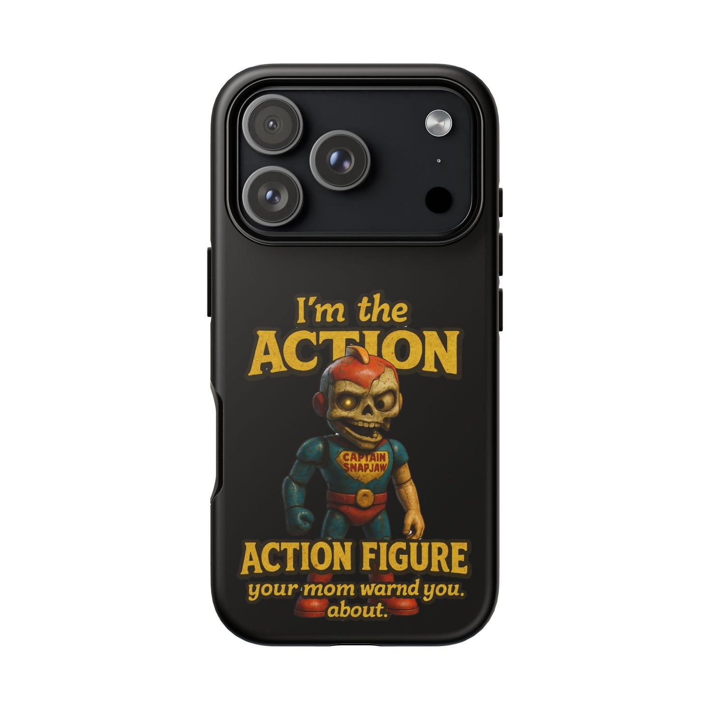 Action Figure Phone Case — "I'm the Action" Retro Skull Toy Design