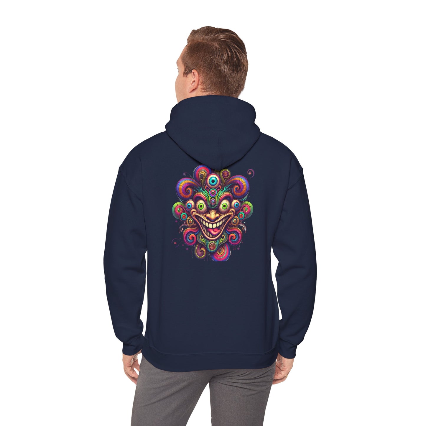 Psychedelic Smiling Jester Hoodie – Colorful Trippy Festival Sweatshirt
