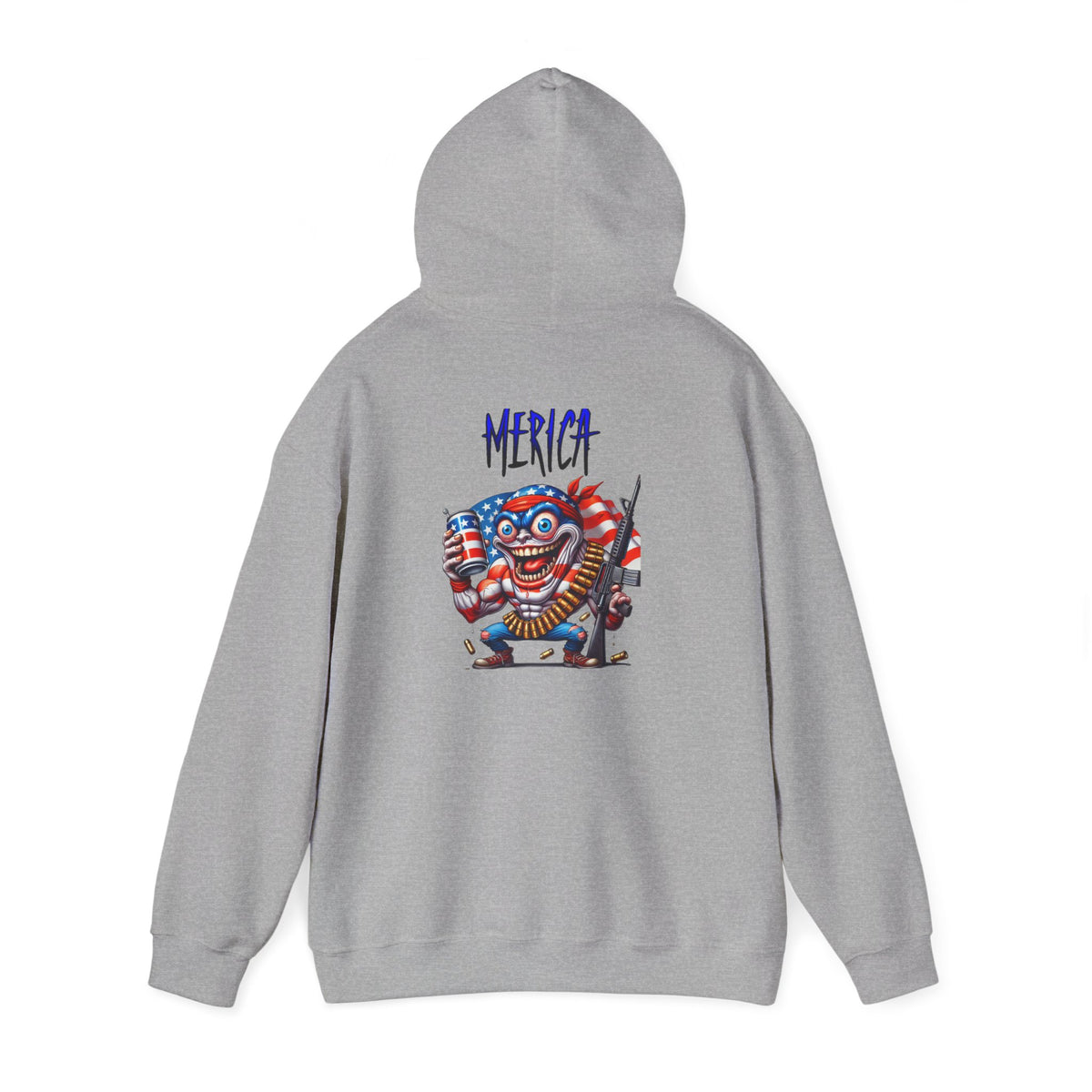Patriotic Retro Hoodie — American Flag Skull Character Back Graphic