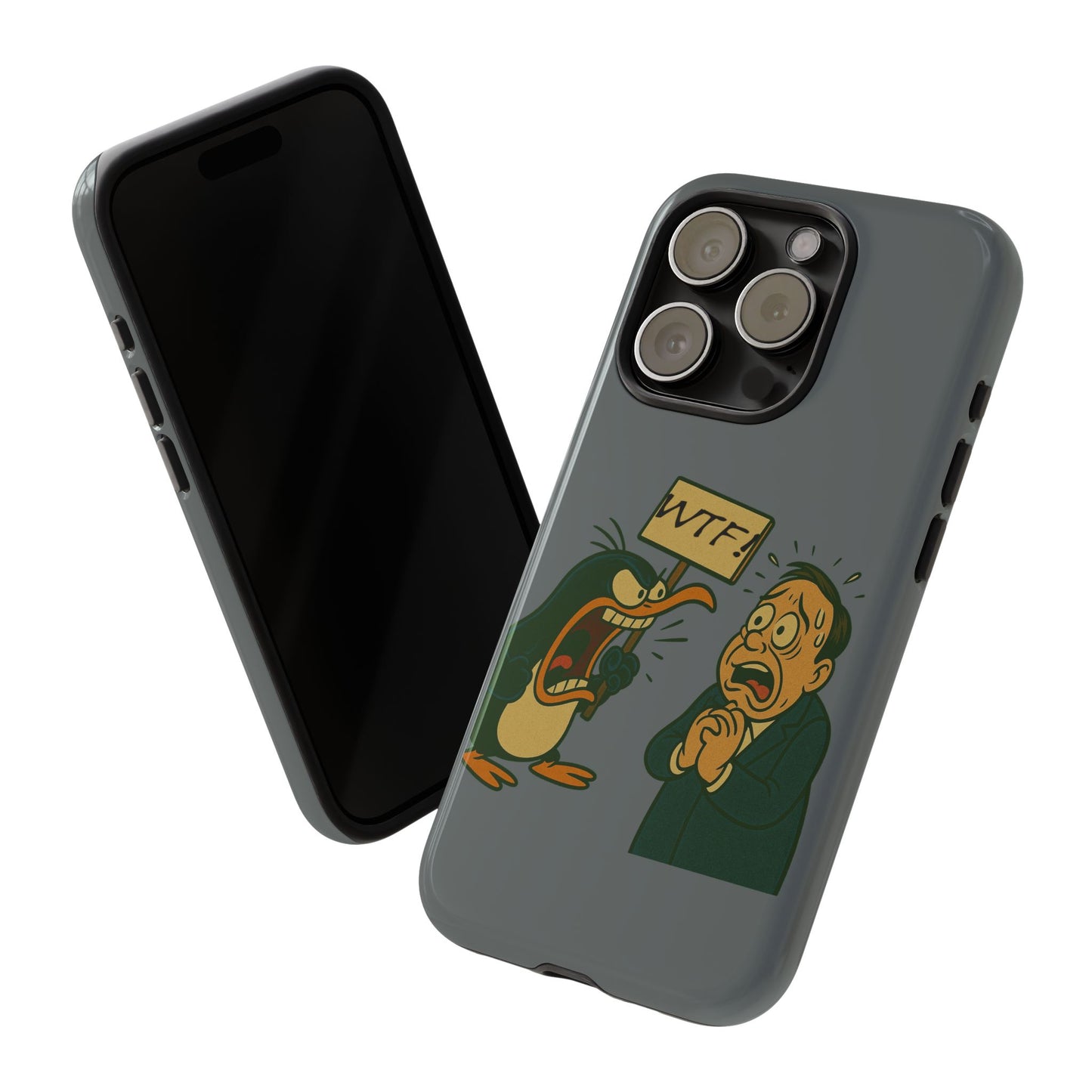 Phone Case - Cartoon Penguin Yelling 'WTF' at Shocked Man, Funny Protective iPhone Cover