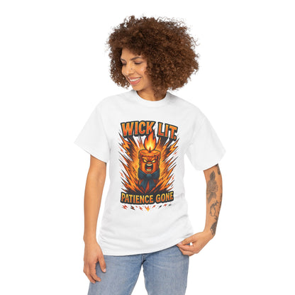 Wick Lit Candle Head, T-Shirt | Patience Gone, Flaming Candle Graphic