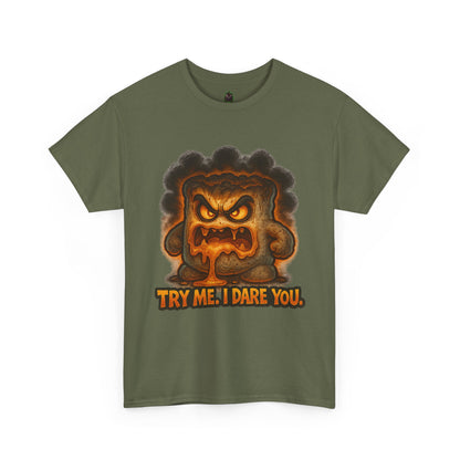 Graphic Tee — Fiery Toast 'Try Me, I Dare You' Cartoon Shirt