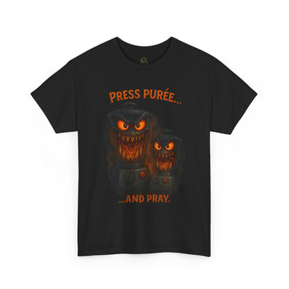 Halloween Pumpkin Tee - "Press Purée... and Pray" Spooky Jack-O'-Lantern T-Shirt