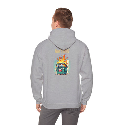 Dumpster Fire Hoodie - Funny Cartoon Trash Bin on Fire Graphic Hoodie