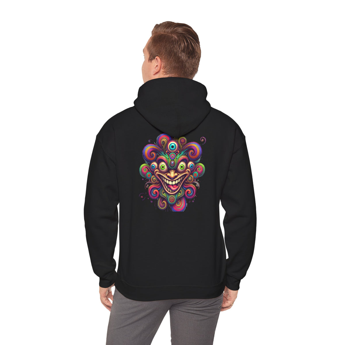 Psychedelic Smiling Jester Hoodie – Colorful Trippy Festival Sweatshirt