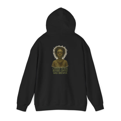 Hoodie — "Cursed to Rise Before Coffee Was Brewed" Haunted Morning Graphic