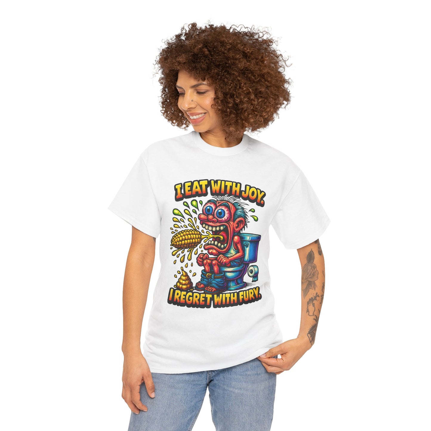 Eat With Joy I Regret With Fury T-Shirt | Funny Toilet Cartoon
