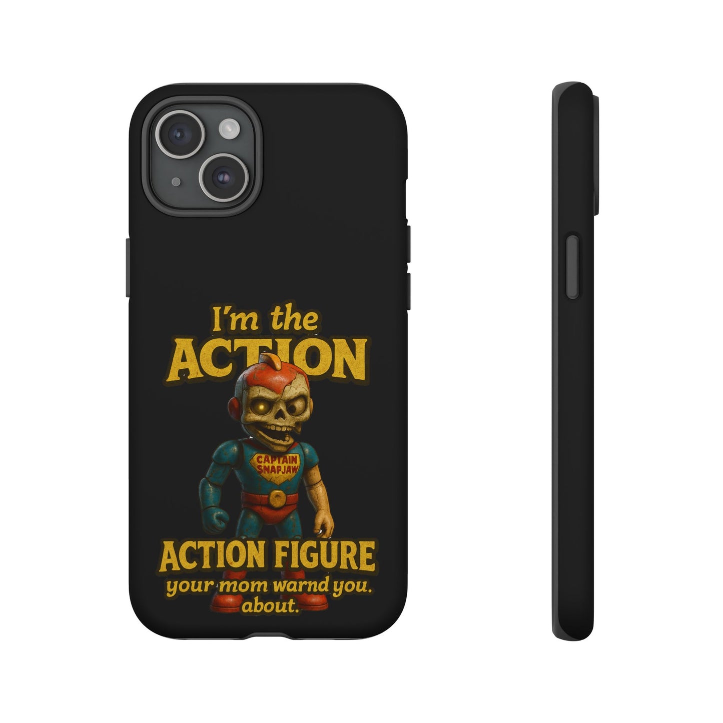 Action Figure Phone Case — "I'm the Action" Retro Skull Toy Design