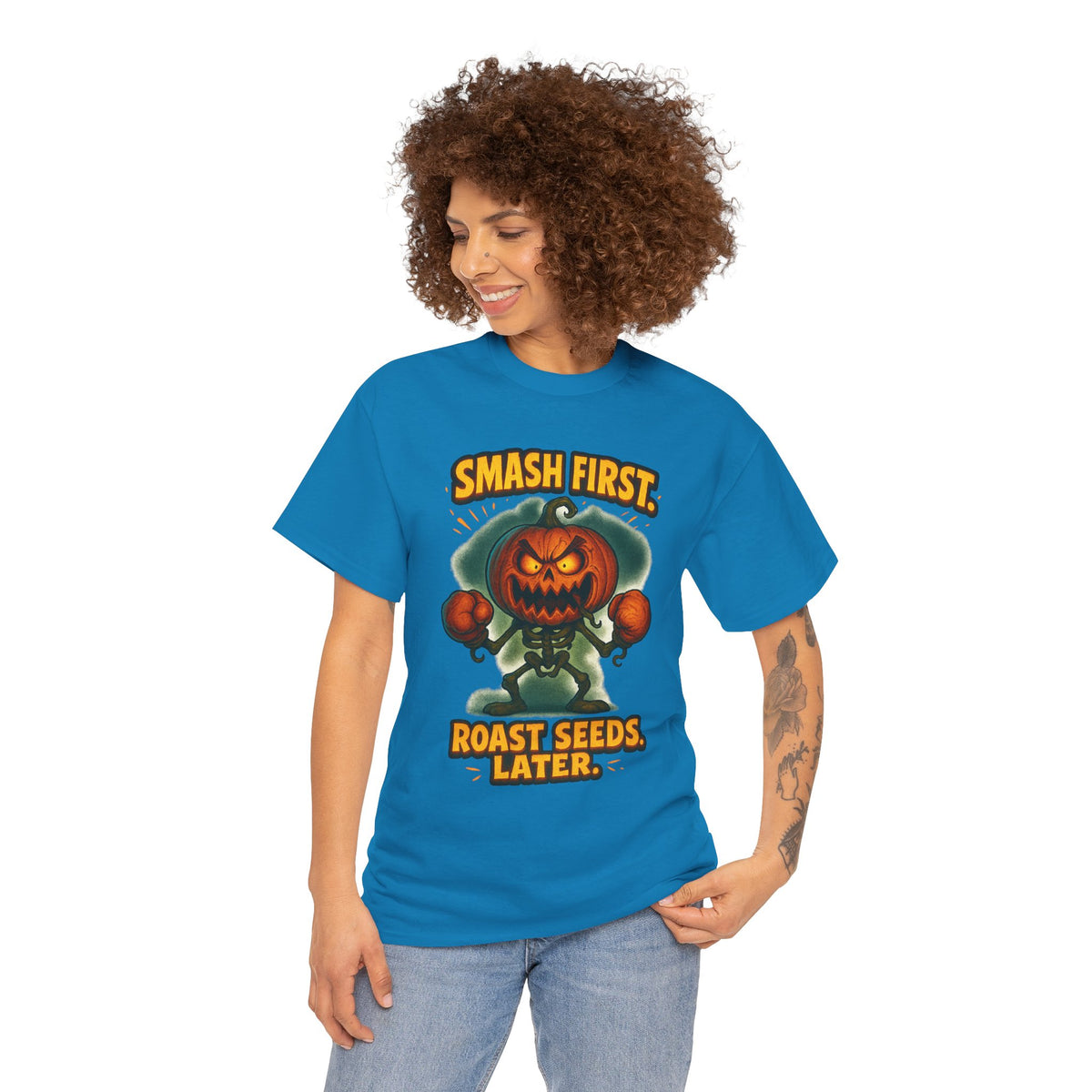 Smash First Pumpkin Boxer illustration T-Shirt | Halloween pumpkin design