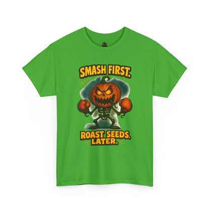 Smash First Pumpkin Boxer illustration T-Shirt | Halloween pumpkin design