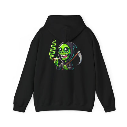 Grinning Green Grim Reaper Hoodie – Neon Smoking Skeleton Graphic Sweatshirt