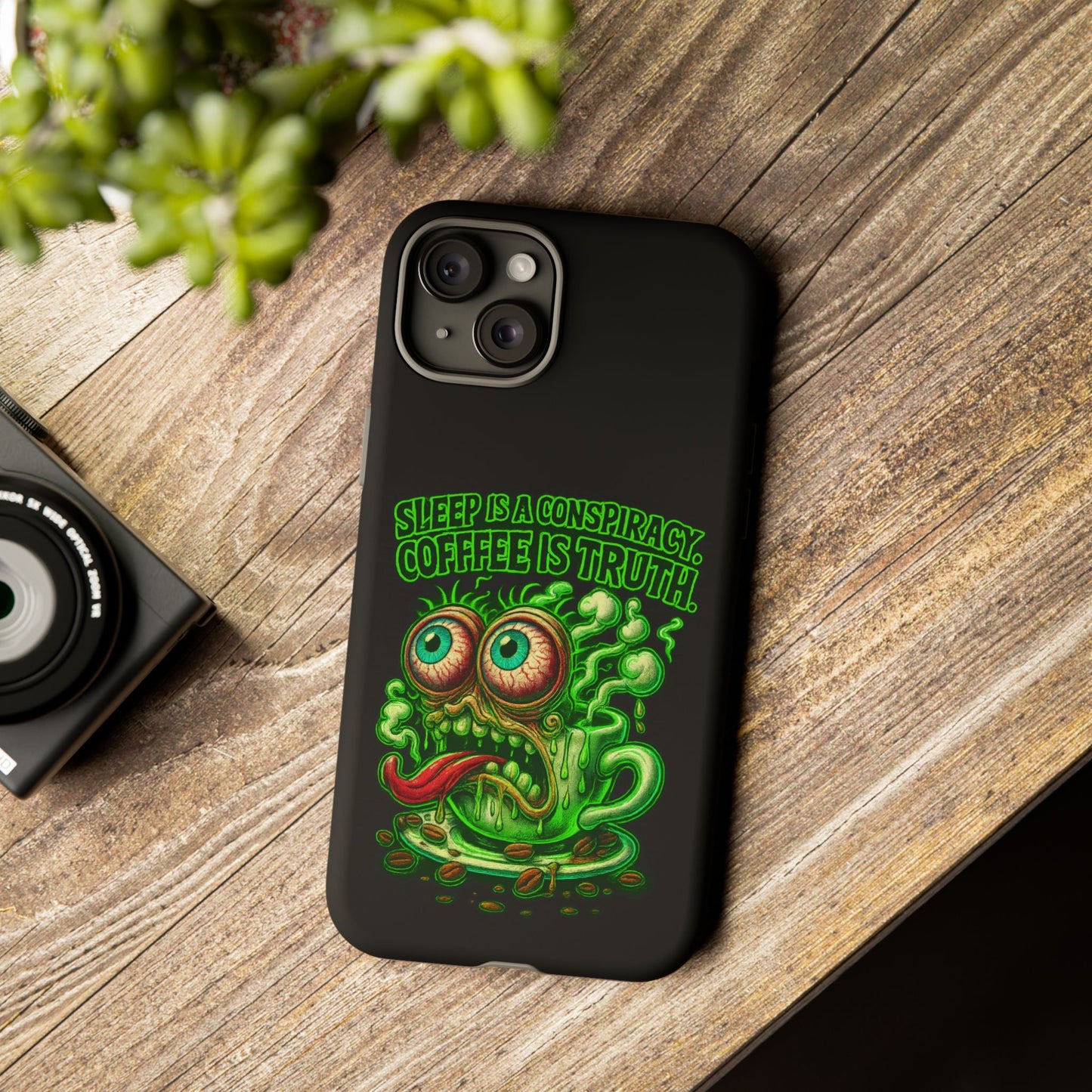 Phone Case — “Sleep Is a Conspiracy, Coffee Is Truth” Retro Monster Design