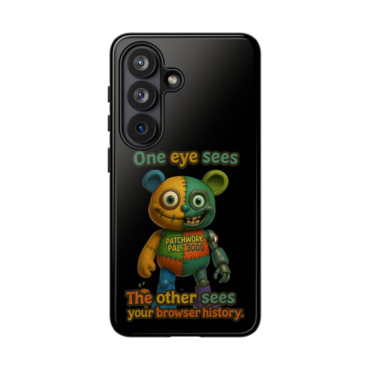 Phone Case — 'One Eye Sees, The Other Sees Your Browser History' Patchwork Bear Design