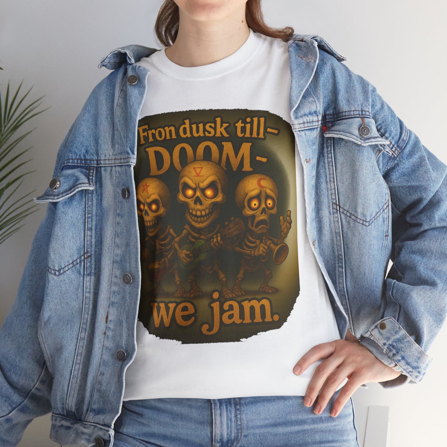 T-Shirt — "From Dusk Till Doom We Jam" Skull Band Graphic Tee