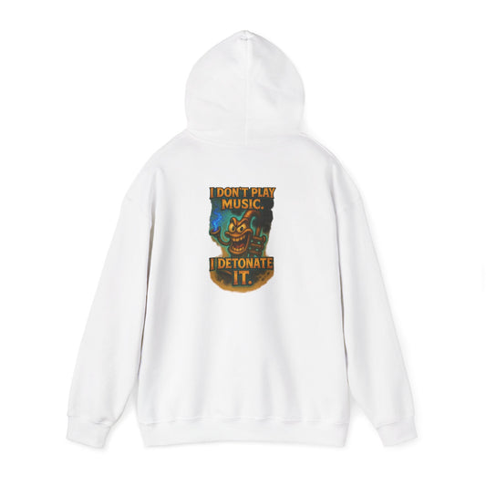 Detonate the Music Hoodie — Retro Guitar Skull Rock Band Pullover