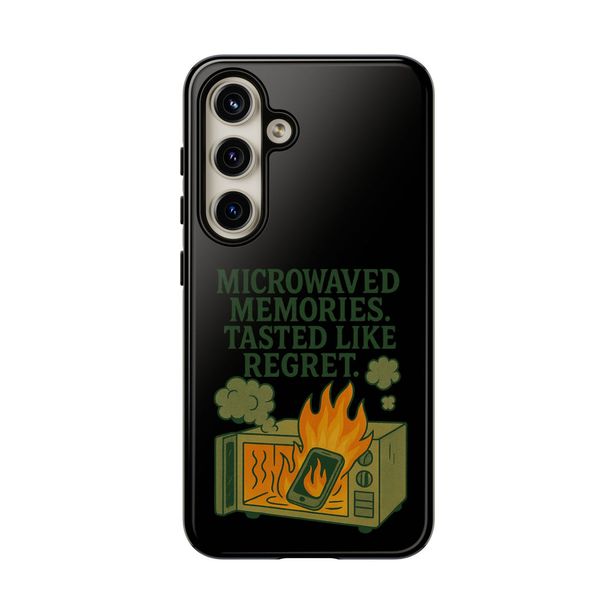 Microwaved Memories Phone Case — 'Microwaved Memories. Tasted Like Regret.' Retro Fire Design