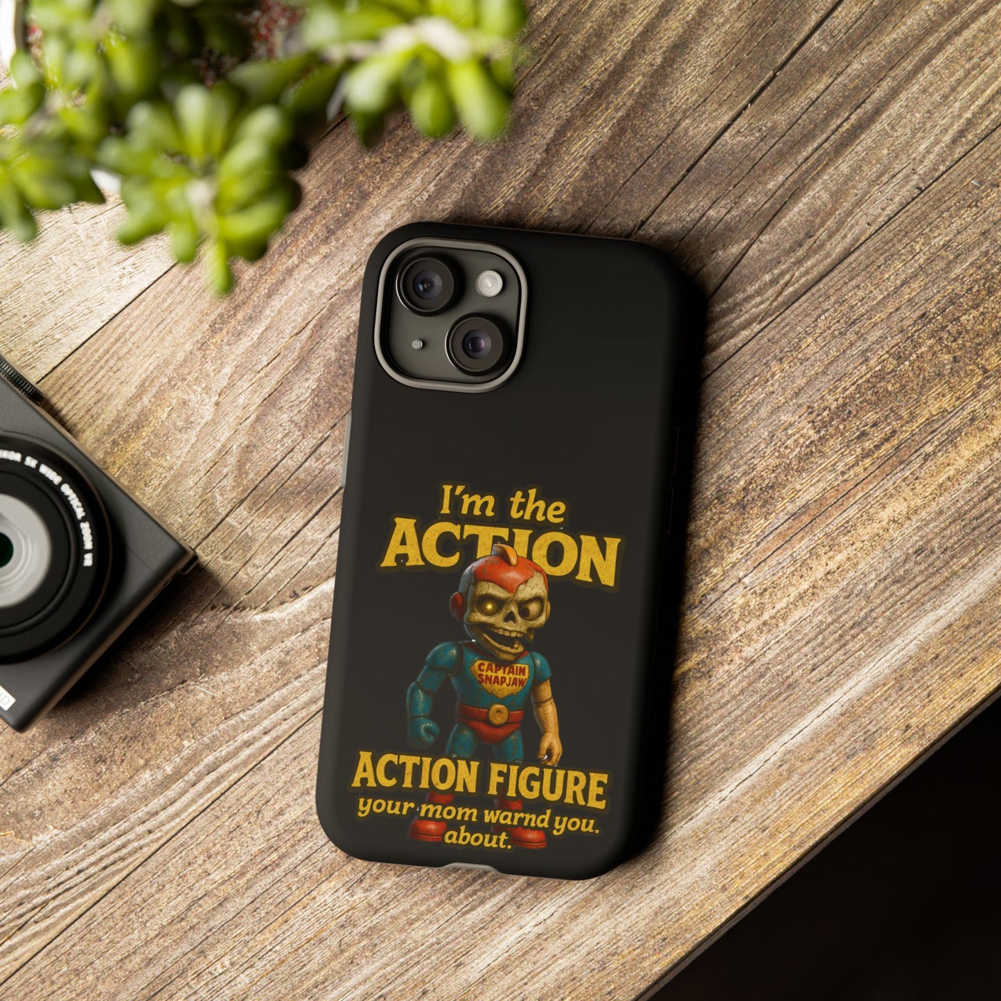 Action Figure Phone Case — "I'm the Action" Retro Skull Toy Design