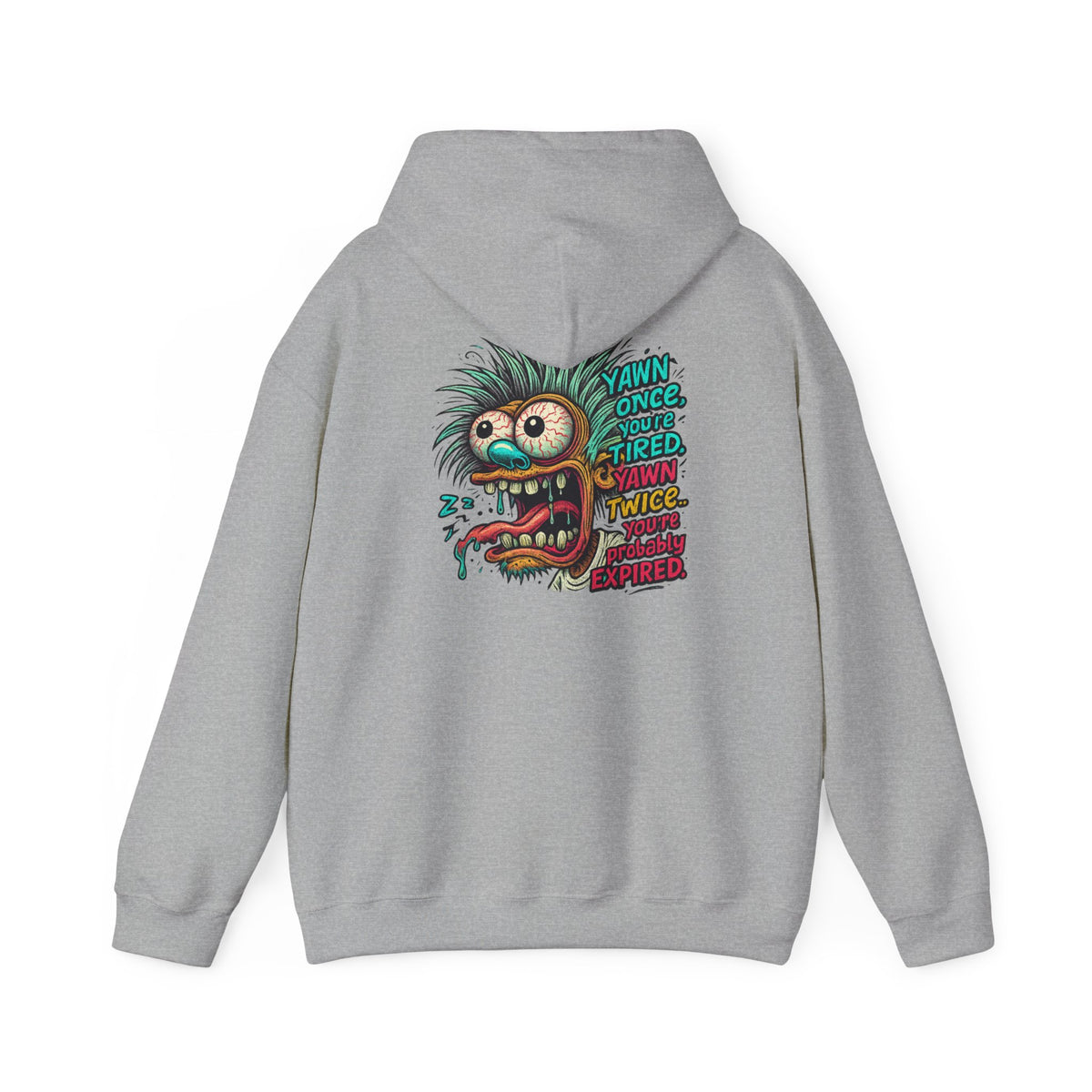 Skater Monster Graphic Hoodie — “Yawn Once, Yawn Twice, Never Appear” Retro Skate Pullover