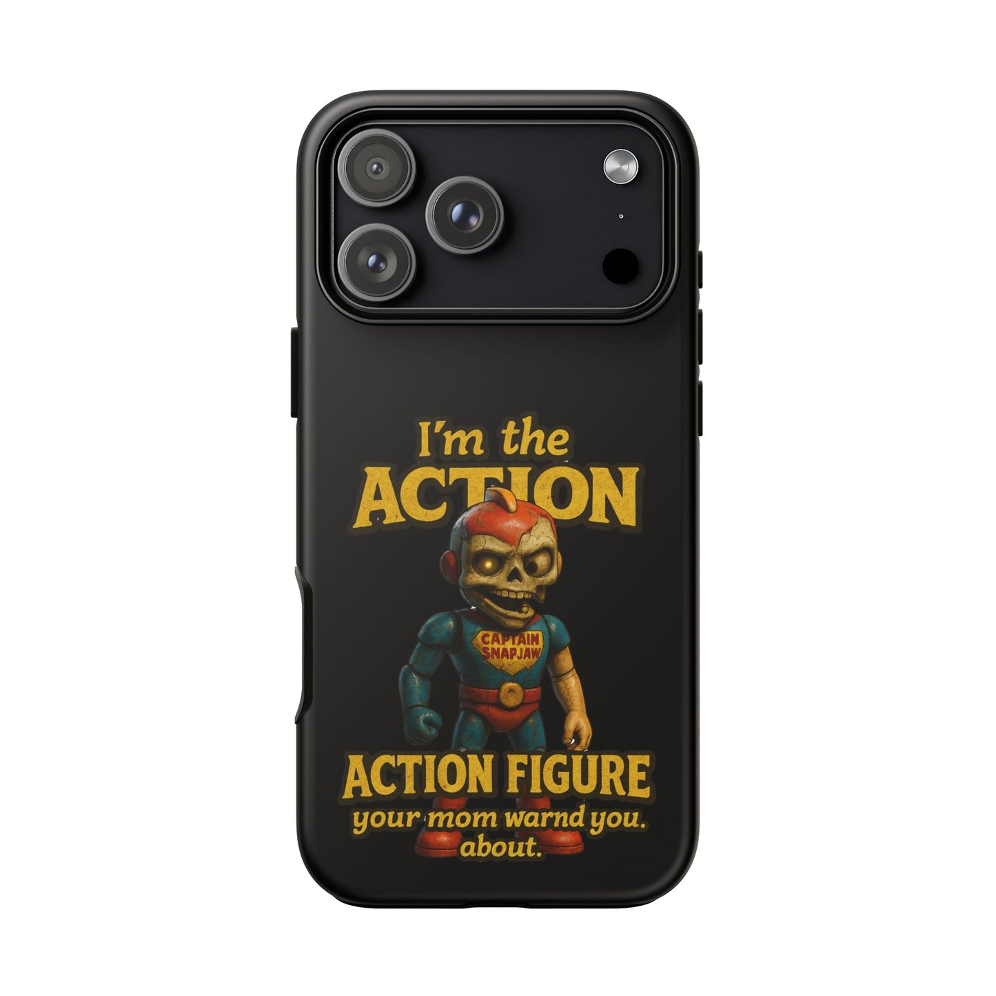 Action Figure Phone Case — "I'm the Action" Retro Skull Toy Design