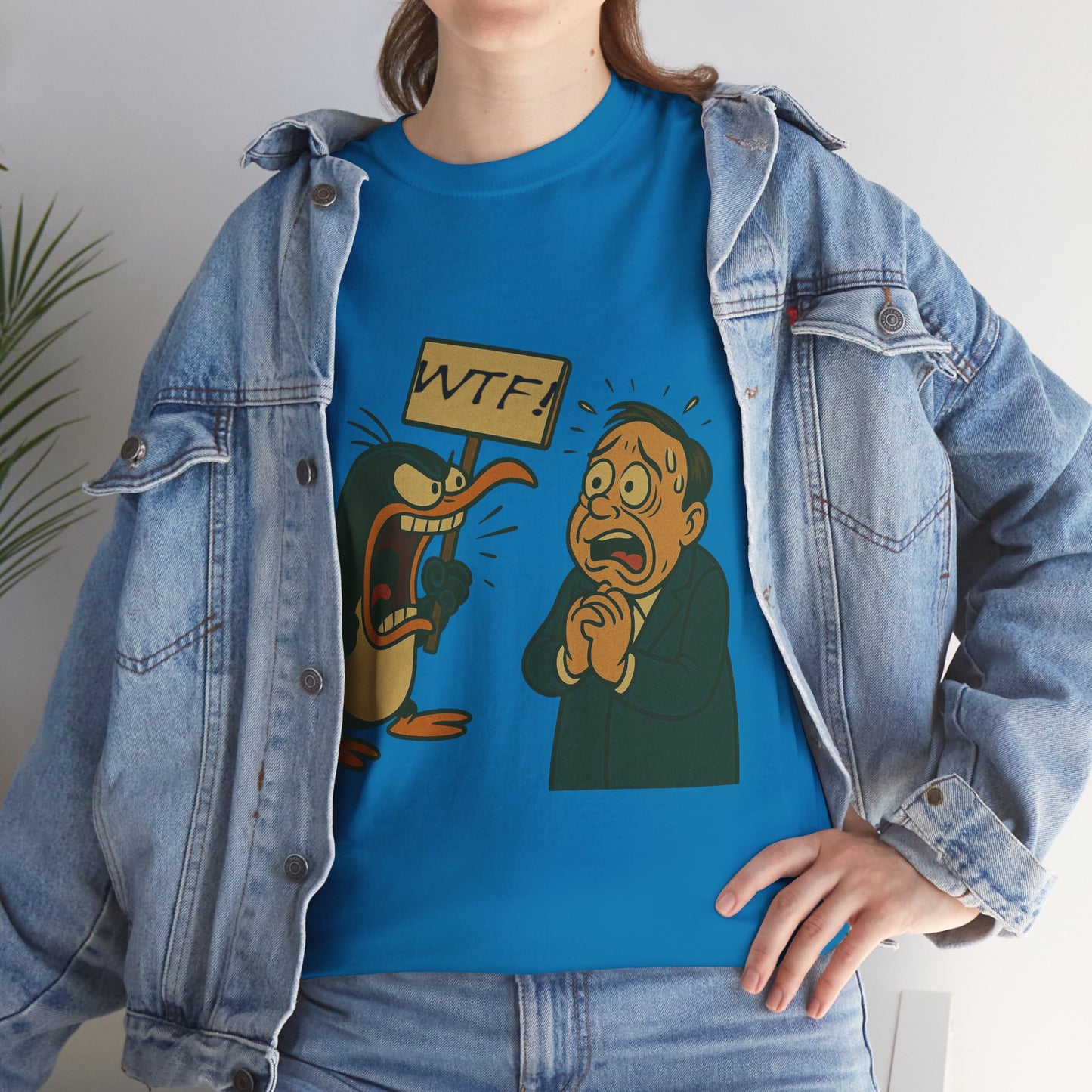 Graphic Tee - Cartoon Penguin Yelling “WTF” at Shocked Man