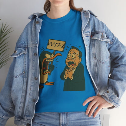 Graphic Tee - Cartoon Penguin Yelling “WTF” at Shocked Man