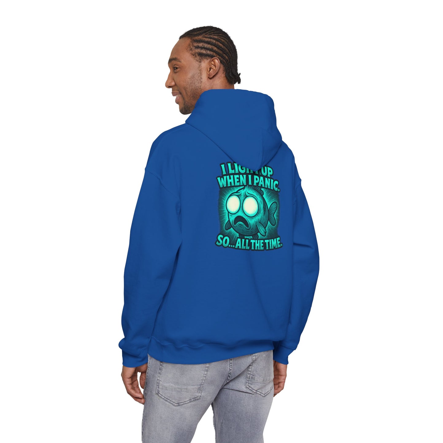 Panic Fish Hoodie — "I Lean Up When I Panic...So All The Time" Graphic Pullover