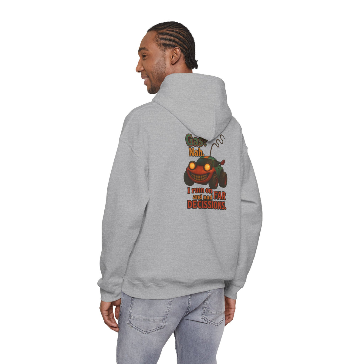 Hoodie — "Nah. I Run on Bad Decisions" Vintage Cartoon Car Graphic