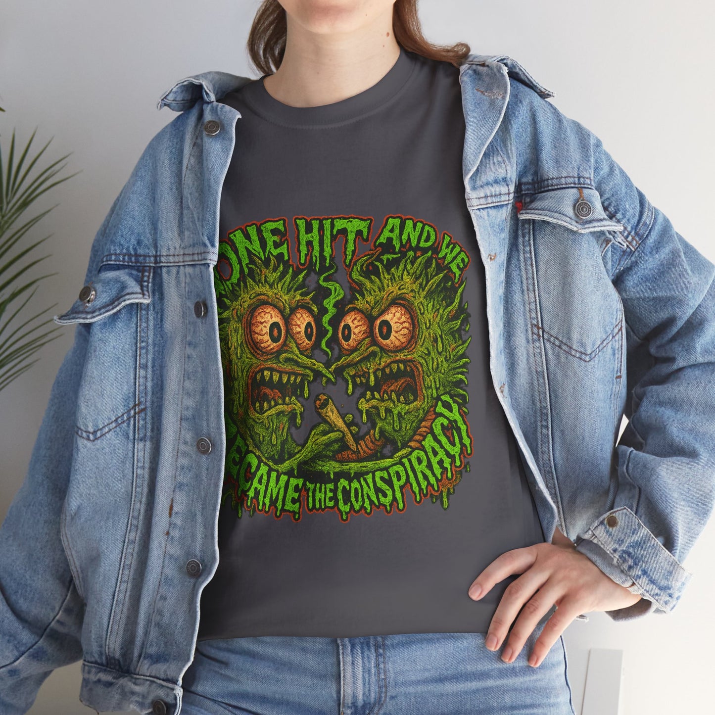 One Hit and We Became the Conspiracy – Trippy Weed Monster T-Shirt