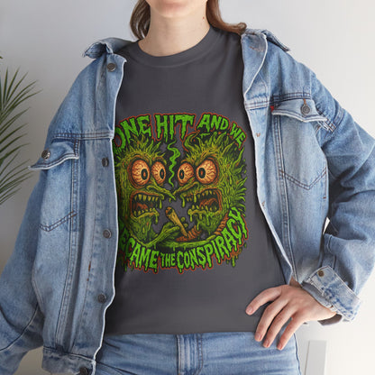 One Hit and We Became the Conspiracy – Trippy Weed Monster T-Shirt