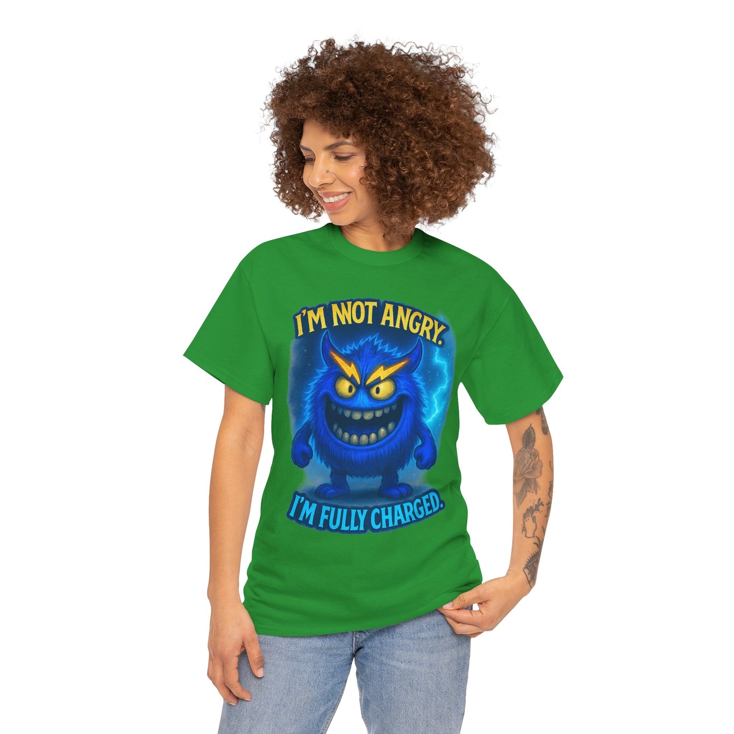 I'm Not Angry I'm Fully Charged Tee, Blue Lightning Monster Graphic