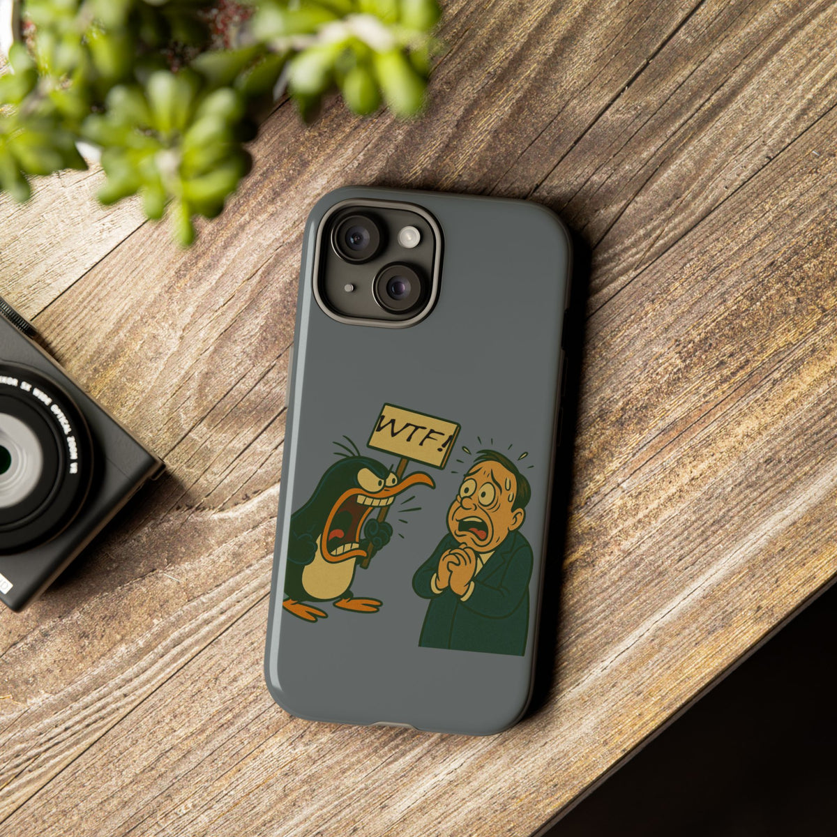 Phone Case - Cartoon Penguin Yelling 'WTF' at Shocked Man, Funny Protective iPhone Cover
