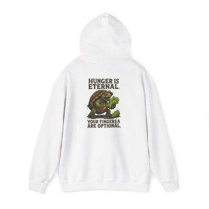 Hoodie — 'Hunger Is Eternal, Your Fingers Are Optional' Turtle Back-Print Hoodie