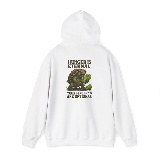 Hoodie — 'Hunger Is Eternal, Your Fingers Are Optional' Turtle Back-Print Hoodie